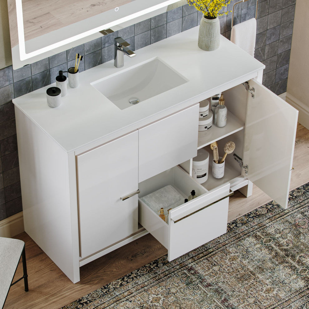 Esconde Bath Vanity, High Gloss White, 48", Single Sink, Freestanding
