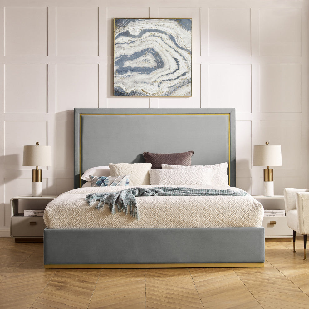 Inspired Home Marceline Bed Upholstered, Gray Velvet Queen