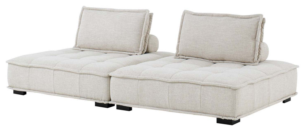 Tufted Loveseat Sofa Set, Fabric, Beige, Modern, Living Lounge Hotel Hospitality