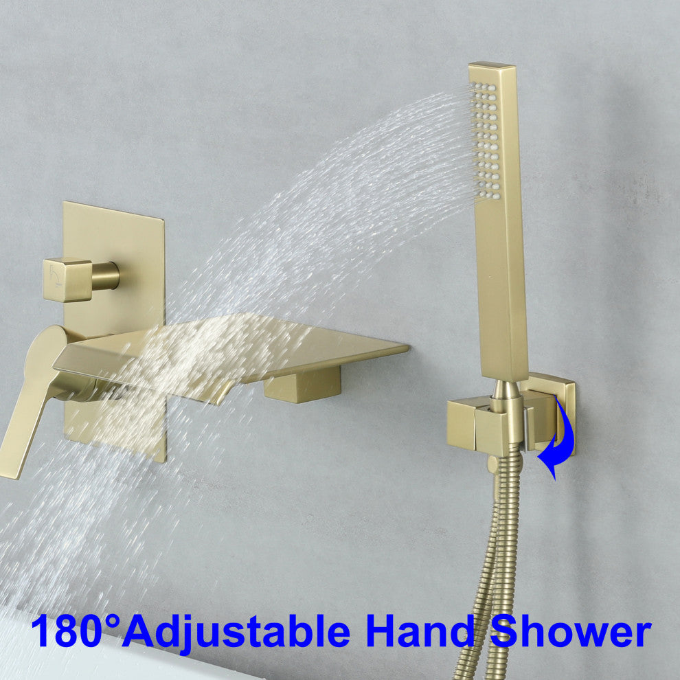 Wellfor Shower Faucet Set, Waterfall Tub Spout and Hand Shower, Brushed Gold