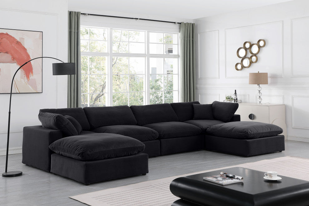 Comfy Upholstered U-Shaped Modular Sectional, Black, 6-Piece: 2 Armless Chair, 2 Corner Chair, 2 Ottoman, Velvet