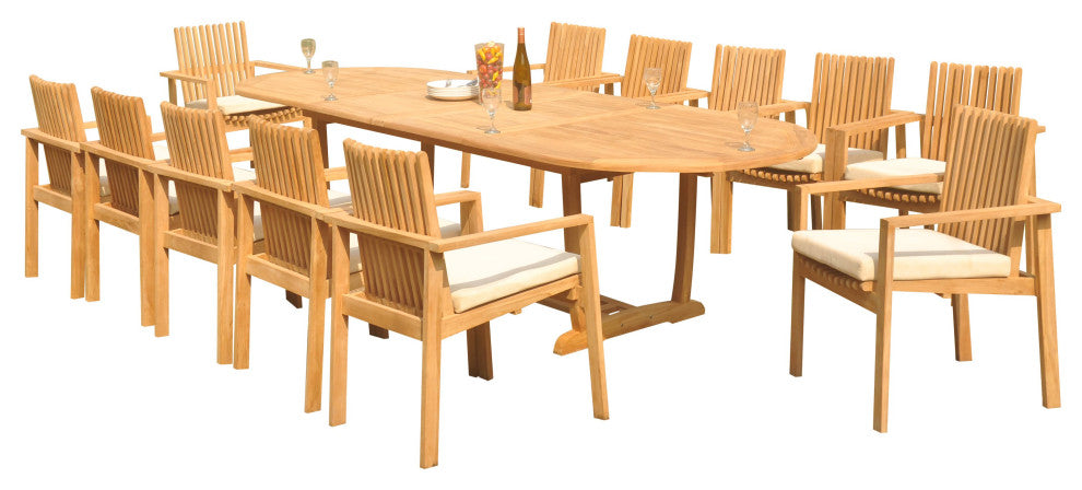 13-Piece Outdoor Teak Dining Set: 117" Masc Oval Table, 12 Clip Stacking Chairs