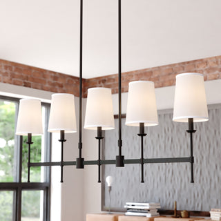 Camden 5 Light Matte Black Chandelier Island Pendant Fixture White Fabric Shade