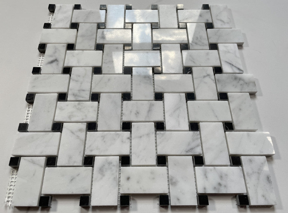 Carrara Marble Basketweave Mosaic Tile Carrera Black Dots Polished 1x2, 1 sheet