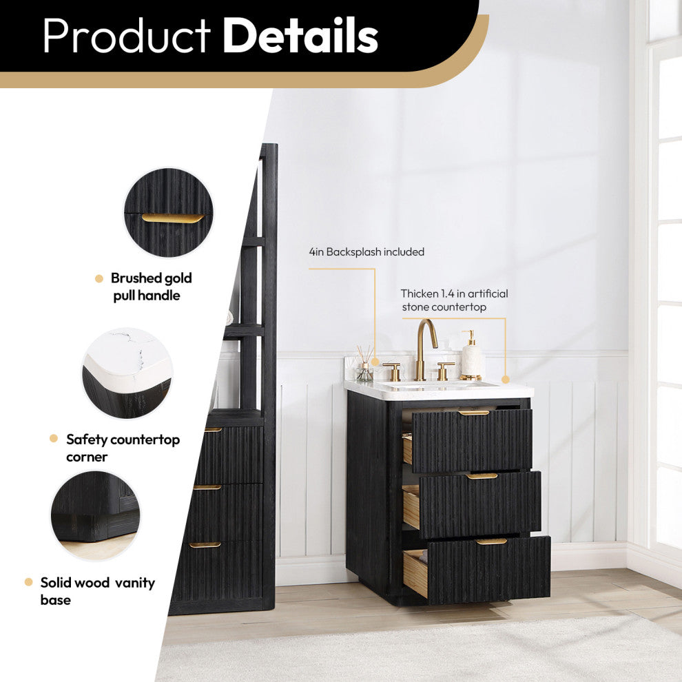 Vinnova Cadiz Bath Vanity, Composite Stone Top, Black, 24", No Mirror