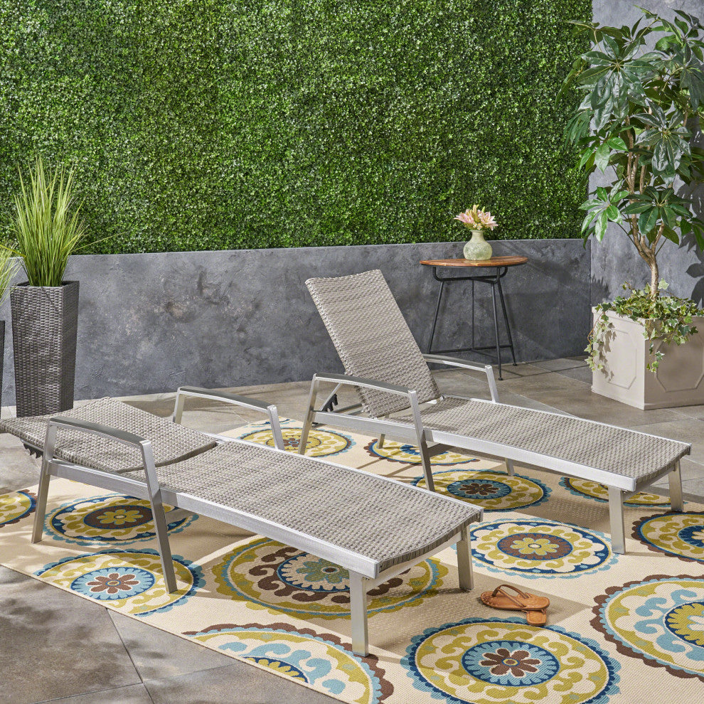 GDF Studio Joy Outdoor Wicker and Aluminum Chaise Lounges, Set of 2