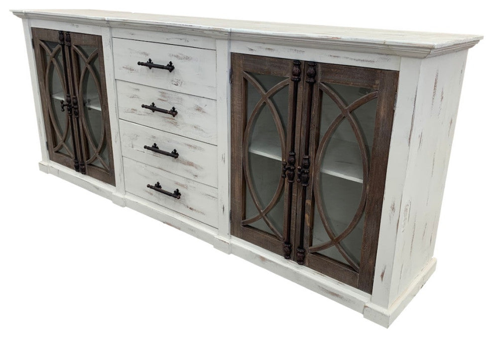 Large Media Console With Iron Hardware, White With Brown Doors