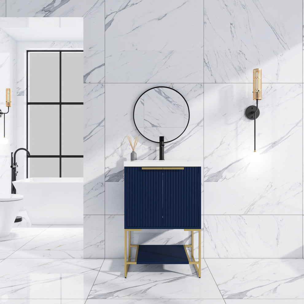 Plywood Freestanding Bathroom Vanity Set with White Ceramic Sink , Navy Blue, 24