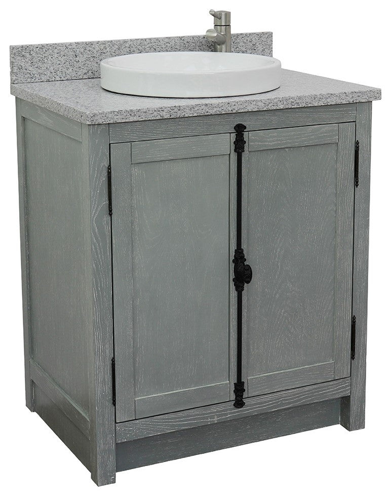 30" Single Vanity, Gray Ash, Gray Granite Top, Round Sink