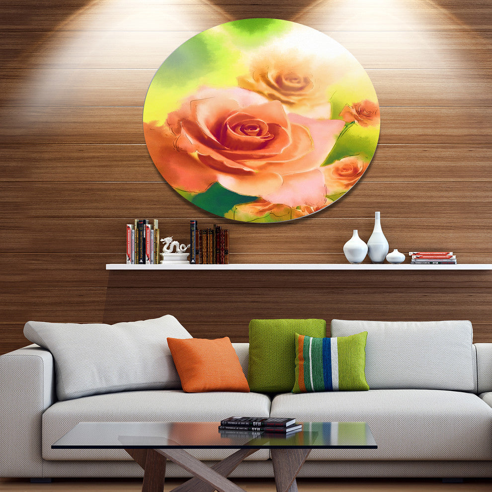 Beautiful Watercolor Roses On Green, Flower Round Metal Wall Art, 11"