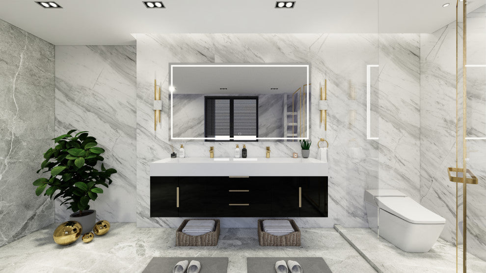 Madison 72" Wall Mounted Double Sink Vanity with Reinforced Acrylic Sink, High Gloss Black