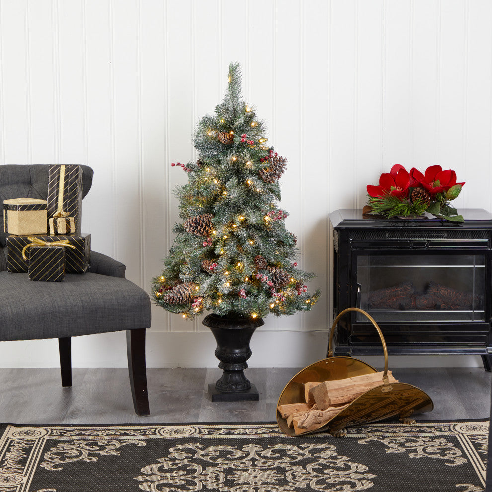 4' Frosted Pine, Pinecone & Berries Faux Xmas Tree W/100 Clear Lights, Urn