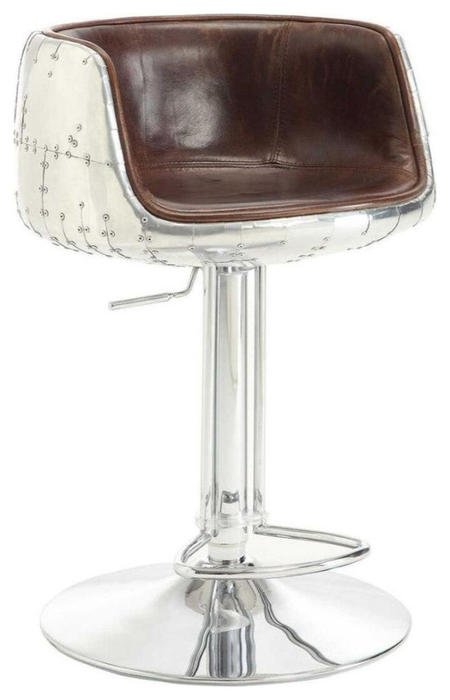 Top Grain Leather Adjustable Arm Stool with Swivel, Vintage Brown