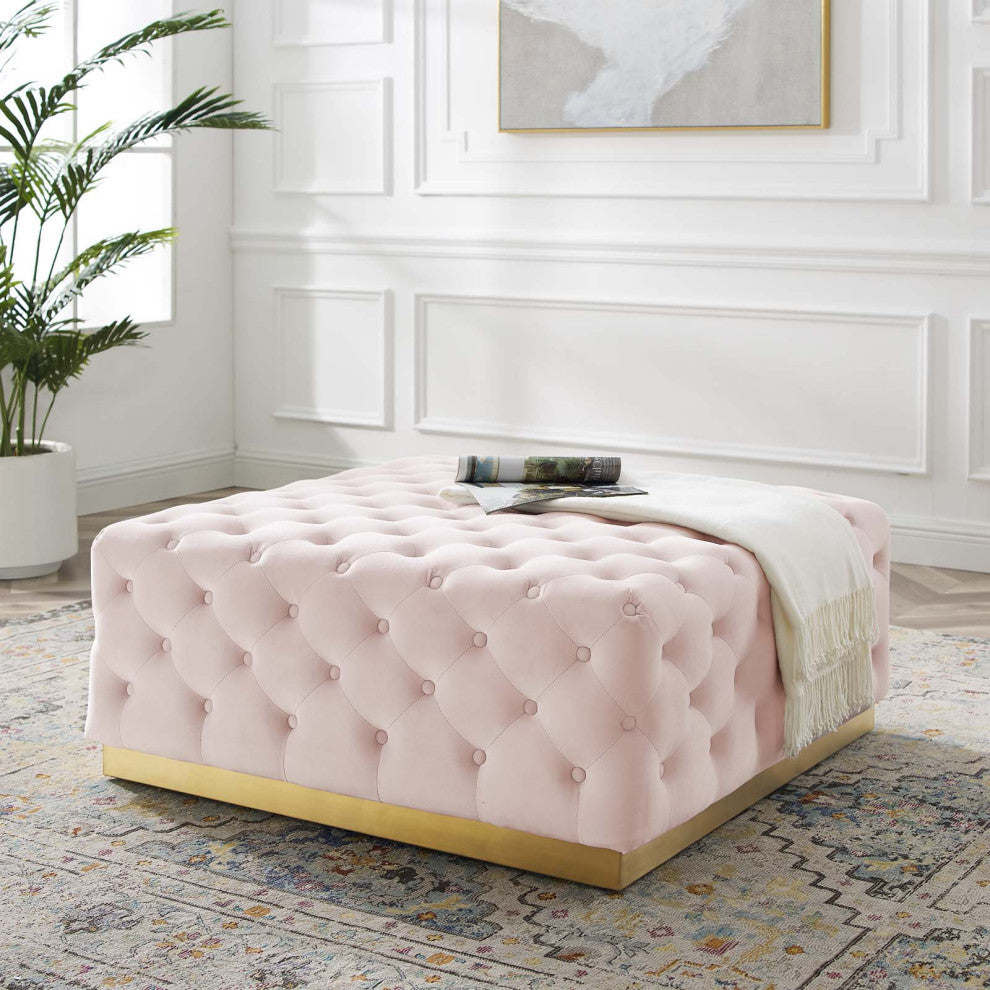 Tufted Accent Chair Ottoman, Square, Velvet, Pink, Modern, Lounge Hospitality