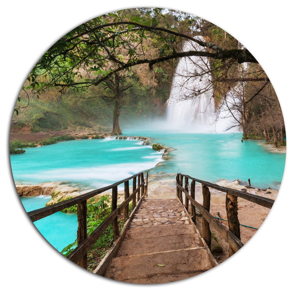Stairway Into Beautiful Waterfall, Landscape Round Wall Art, Disc of 23 Inch