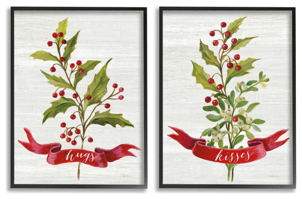 Hugs and Kisses Christmas Holly Branch Winter Seasonal,2pc, each 11 x 14