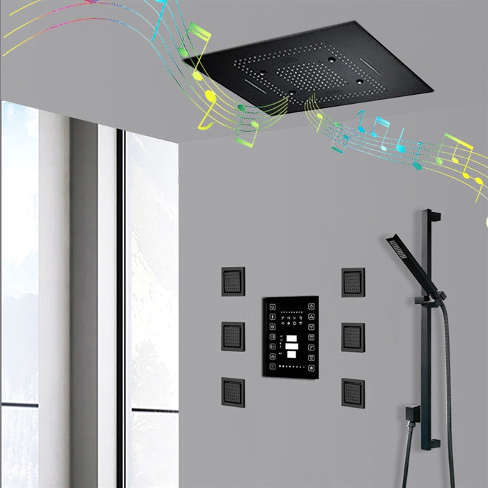 LED 23*31" Matte Black Remote Controlled Musical Shower System and 6 Body Jets