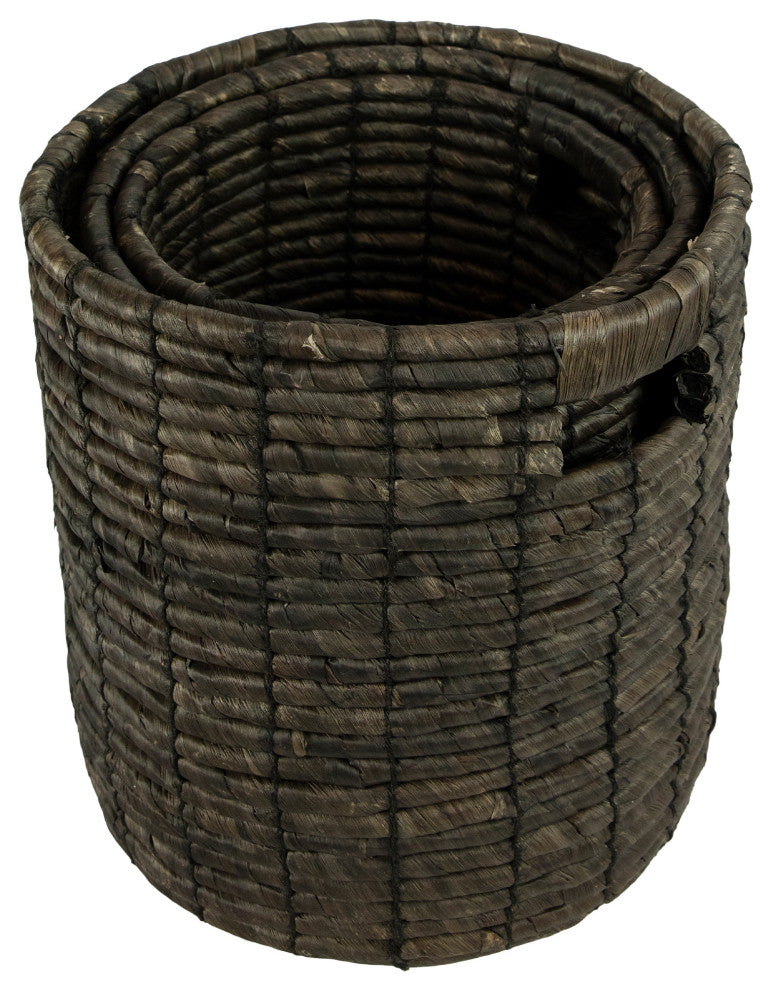 Set of 3 Dark Brown Natural Woven Table and Floor Cylindrical Seagrass Baskets