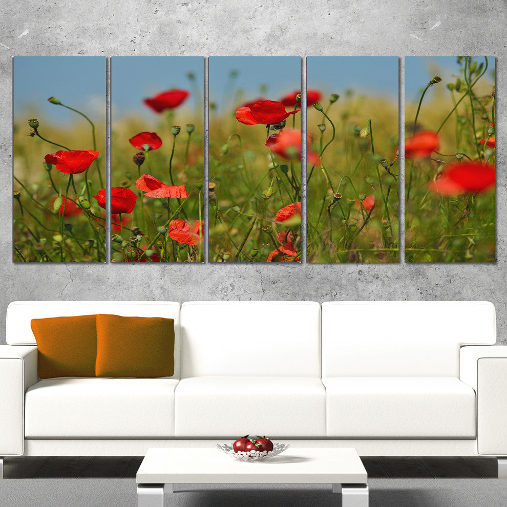 Wild Poppy Flowers in Green Garden, Floral Canvas Art print, 60"x28", 5 Panels