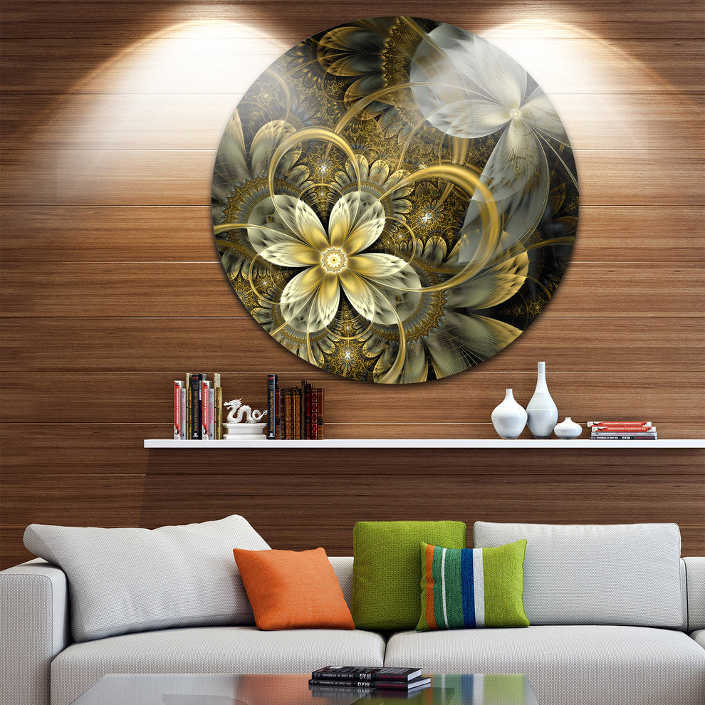 Fractal Orange Yellow Flowers, Digital Floral Round Metal Wall Art, 23"