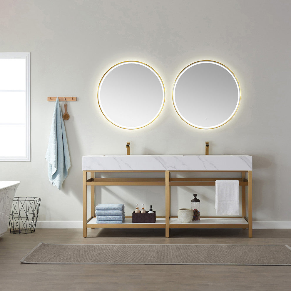 Bilbao Vanity with Metal Bracket & Stone Top, Brushed Gold, 72", With Mirror