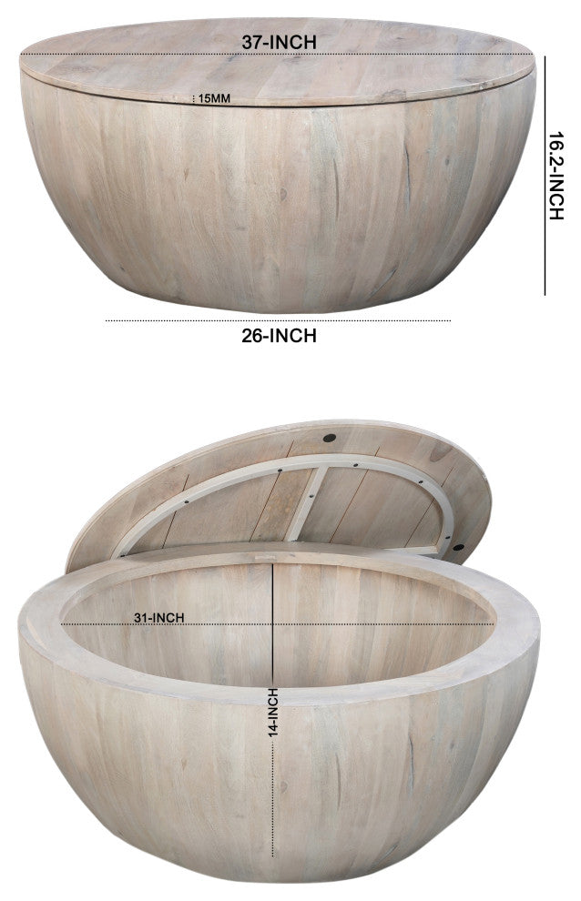 37" Round Coffee Table Handcrafted Drum Shape With Storage Washed White