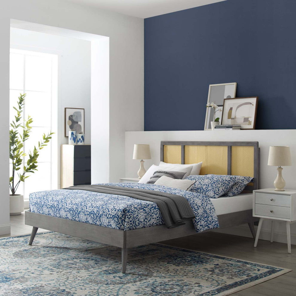 Platform Bed Frame, King Size, Wood, Gray, Modern Mid-Century, Bedroom