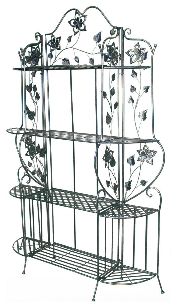 HomeRoots Blackened Gunmetal Steel Floral 4 Shelf Bakers Rack