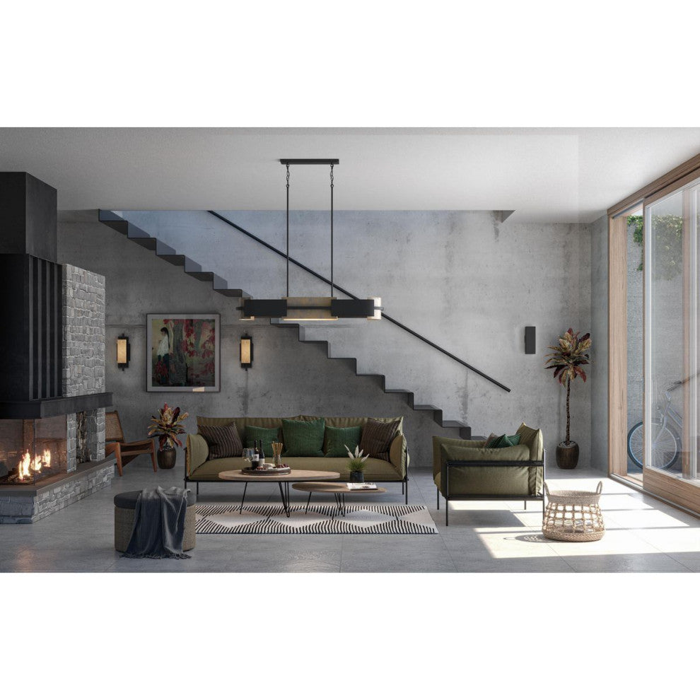 Lowery 4-Light Matte Black Linear Chandelier With Aged Silver Leaf Accent
