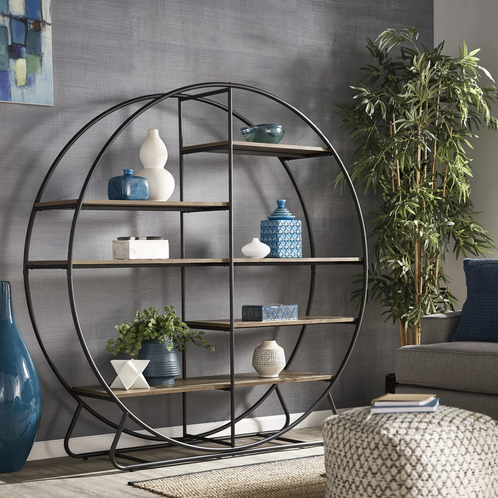 Unique Bookcase, Round Design With Black Metal Frame With Multiple Open Shelves