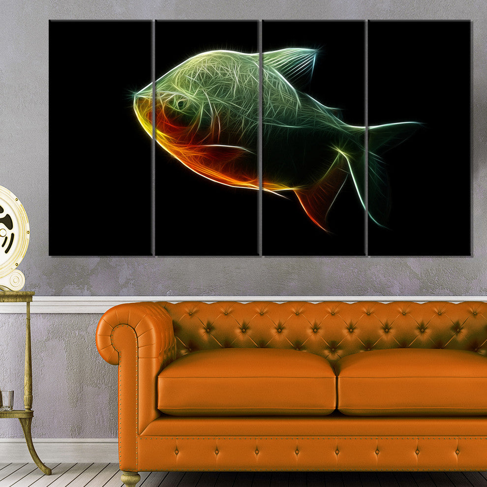 Fractal Pacu Fish on Black, Large Animal Canvas Artwork, 48"x28", 4 Panels