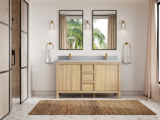 Elizabeth Oak 60" Double Sink Vanity, White 2" Pearl Gray