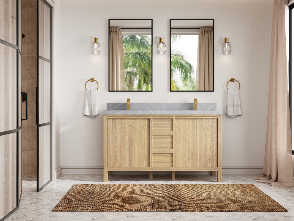 Elizabeth Oak 60" Double Sink Vanity, White 2" Pearl Gray