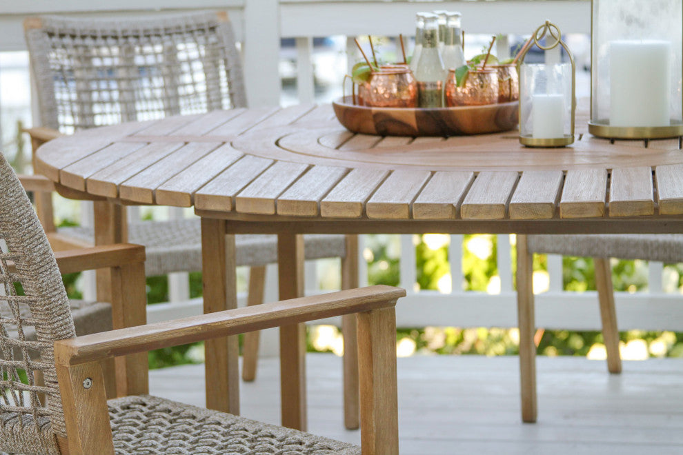 8 Person Antique Wash Lazy Susan Table With Wheat Rope Chairs