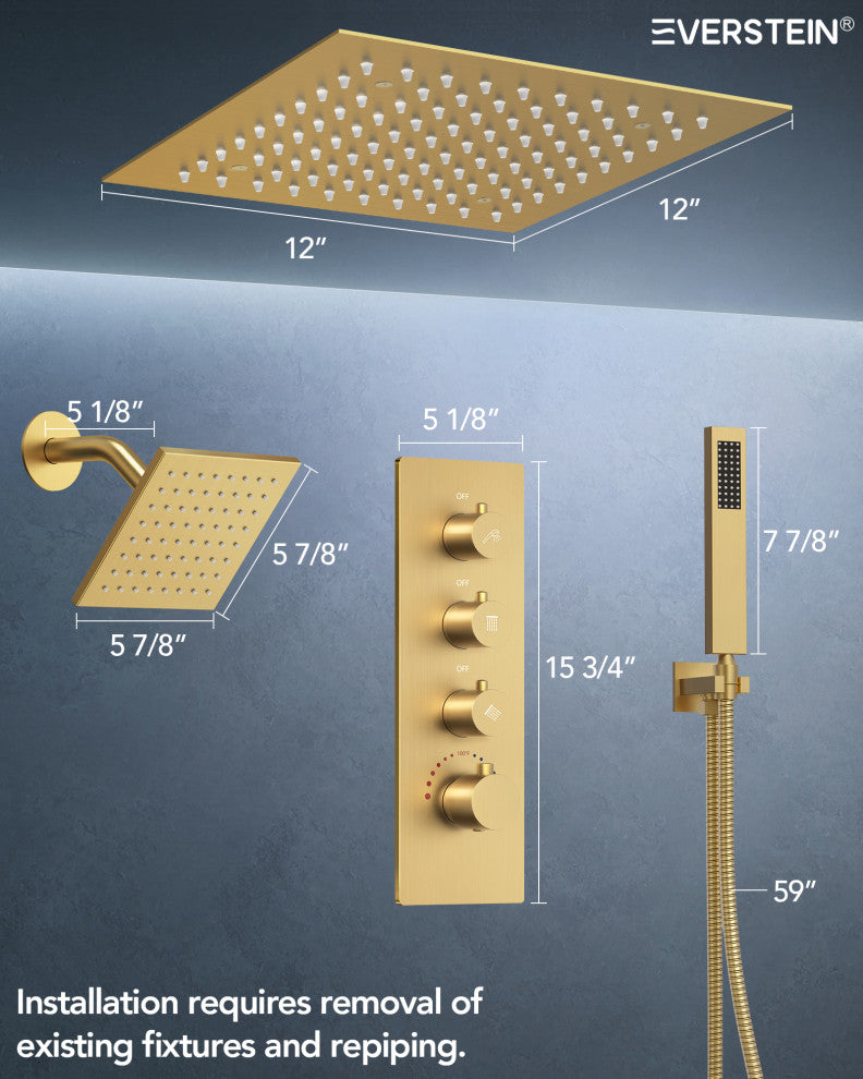LED Dual Heads 12" Rain Shower System With Thermostatic 3-Way Faucet, Brushed Gold