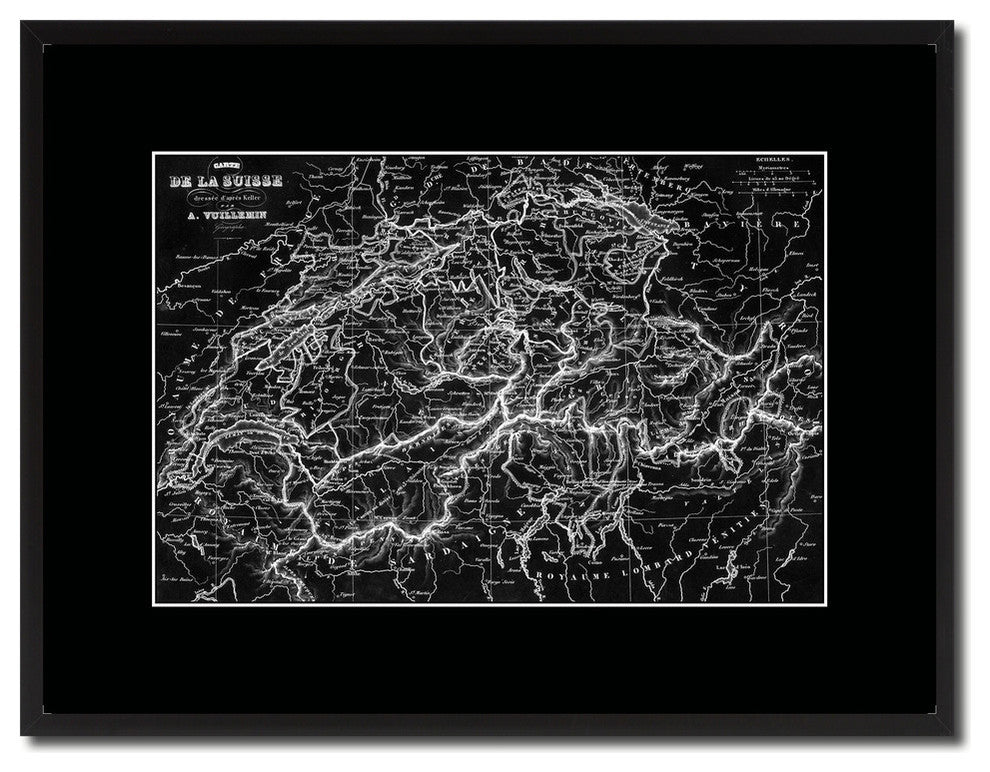 Switzerland Old Monochrome Map Print On Canvas With Black Frame, 16" X 21"
