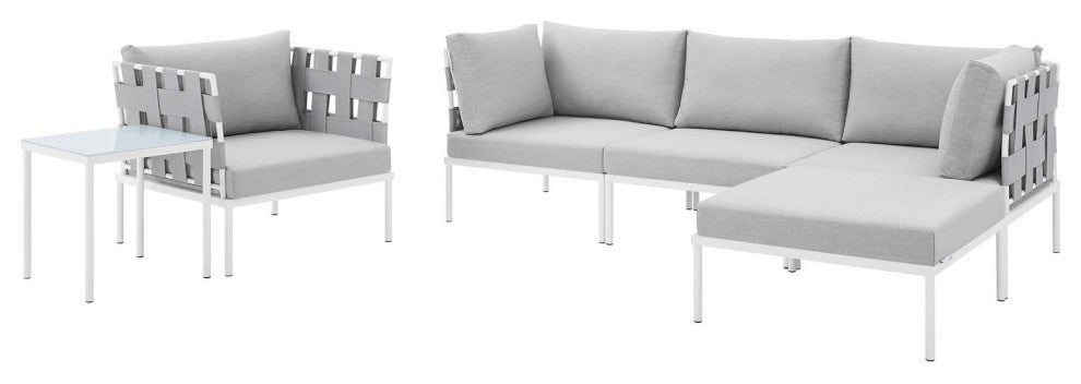Lounge Sectional Sofa Chair Table Set, Sunbrella, Aluminum, Gray, Outdoor