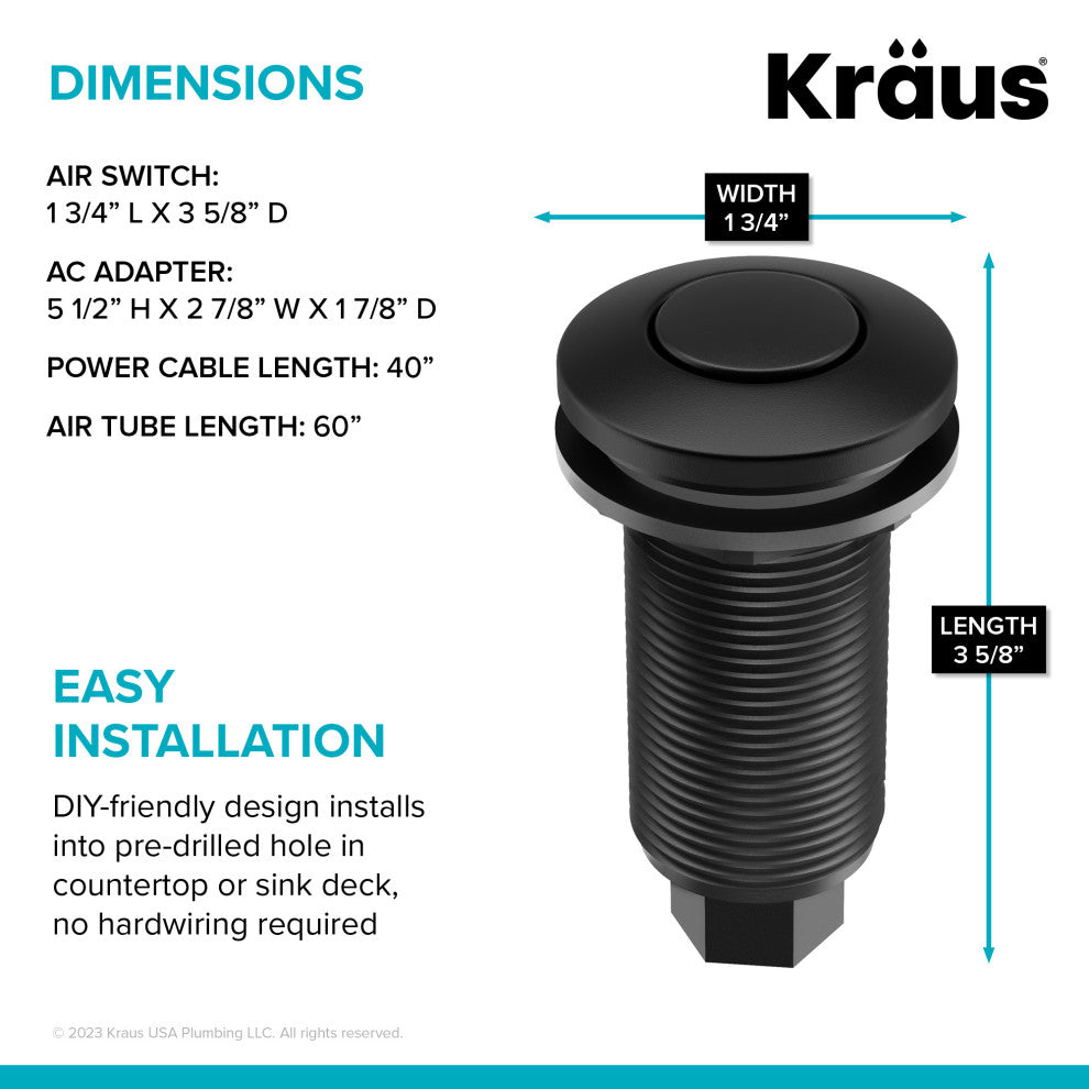 KRAUS Garbage Disposal Air Switch Kit w Push Button, AC Adapter, Cord, Tube, Matte Black