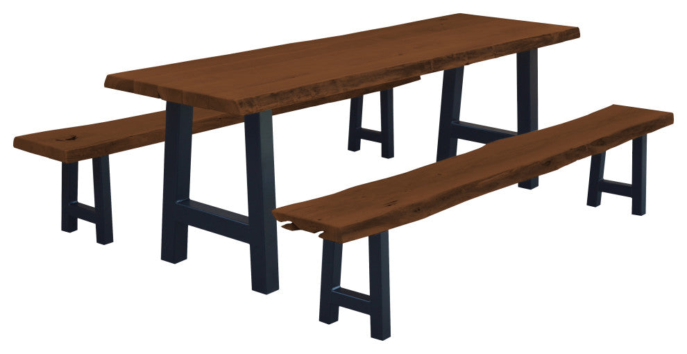 Live Edge Locust Ridgemont Table with 2 Benches, Mushroom Stain, 8 Foot