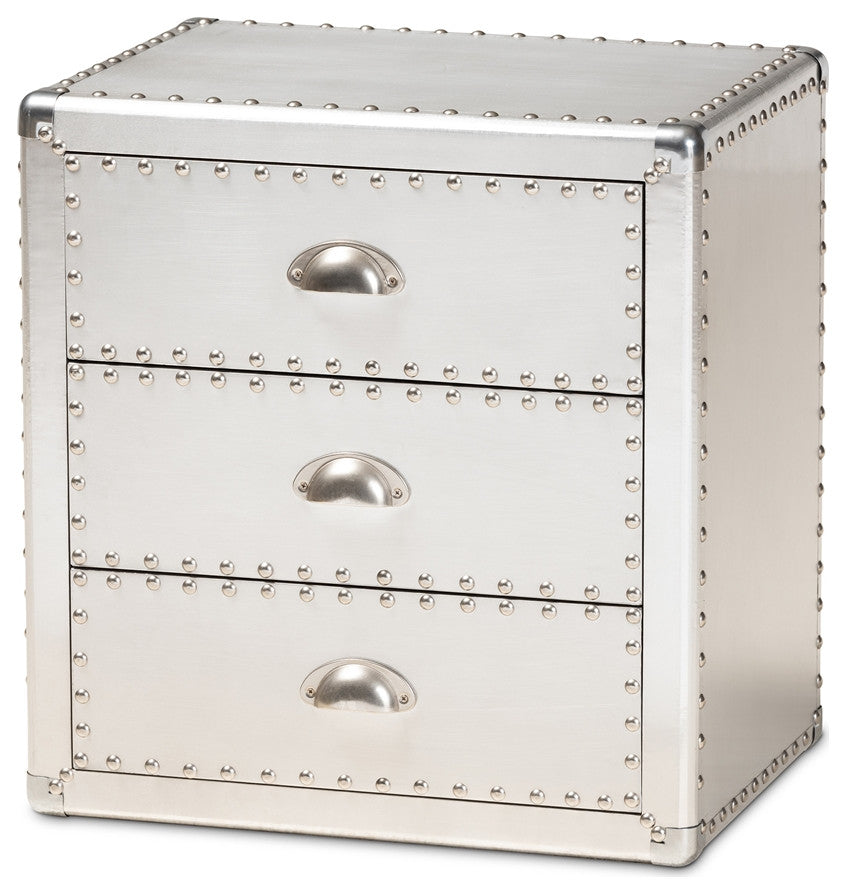 French Industrial Silver Metal 3-Drawer Nightstand