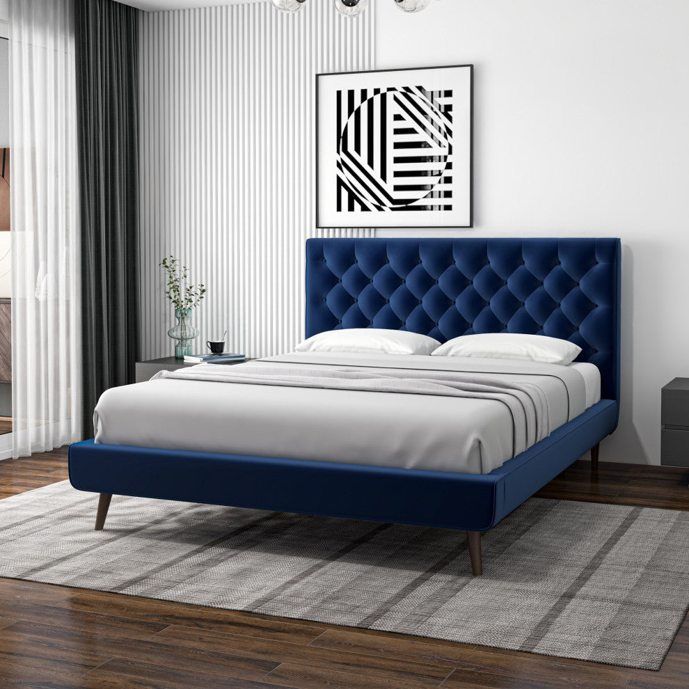 Ashley Midcentury Velvet Tufted Solid Wood Platform Bed, Blue, Queen