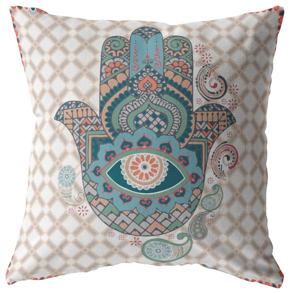16 Blue Gray Hamsa Boho Suede Throw Pillow