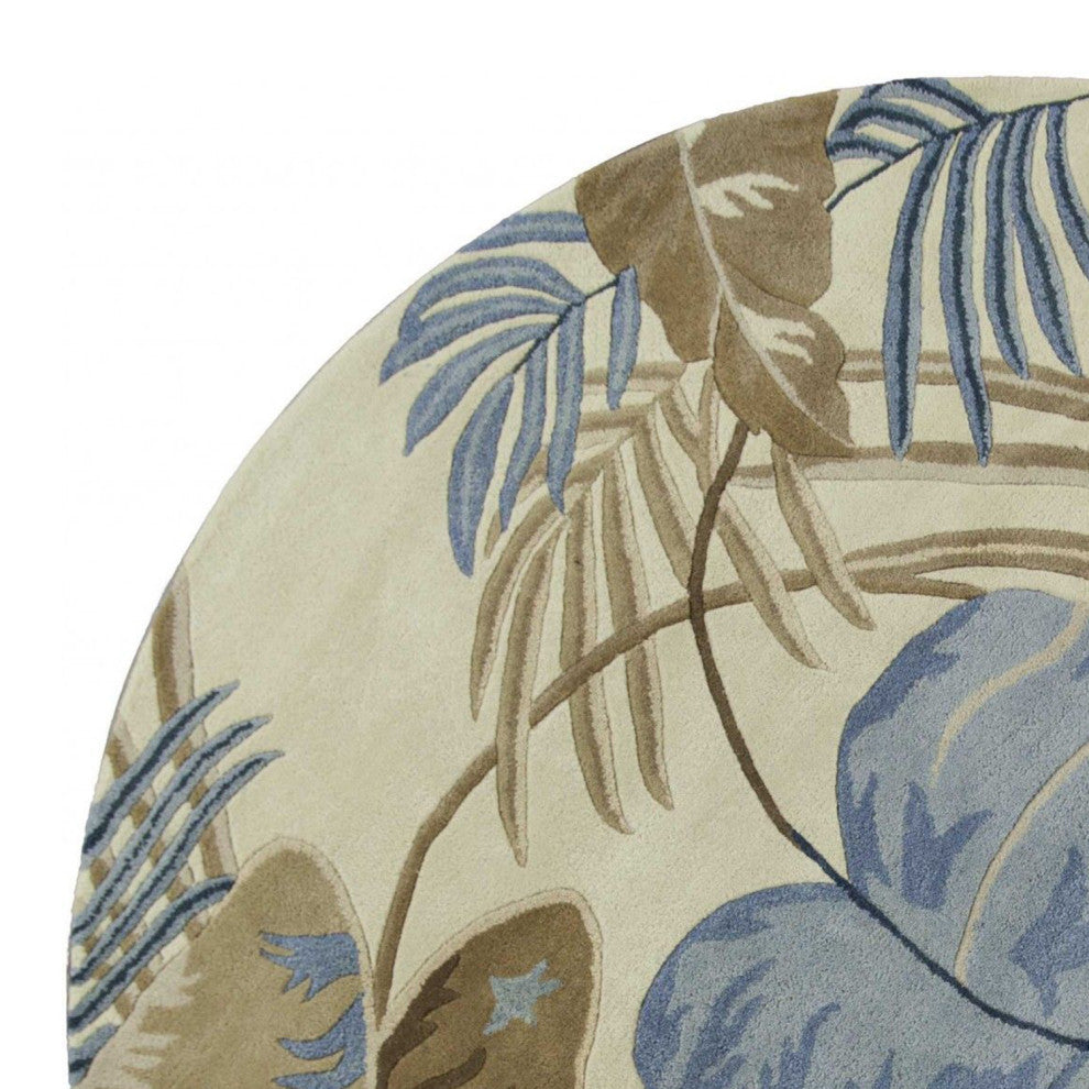 HomeRoots 8' Ivory Blue Hand Tufted Tropical Leaves Round Indoor Area Rug