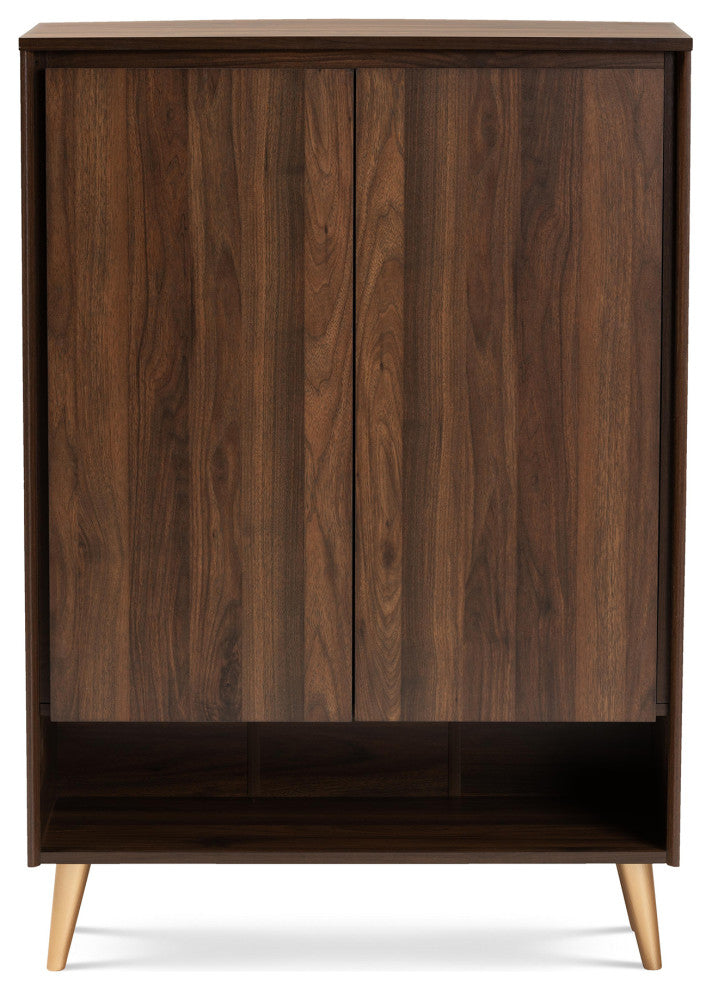 Noelene Mid-Century Walnut Brown and Gold 2-Door Shoe Storage Cabinet