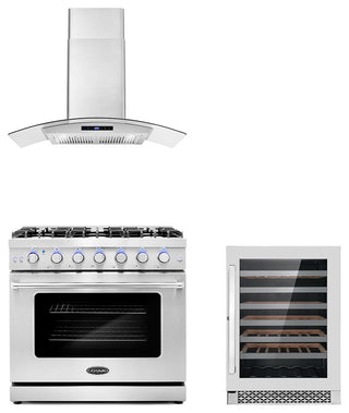 3-Piece, 36" Gas Range, 36" Range Hood and 48 Bottle Wine Refrigerator