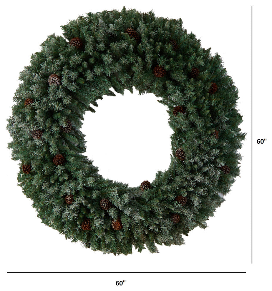 5' Giant Flocked Faux Xmas Wreath W/ Pinecones, Clear Lights & Bendable Branches