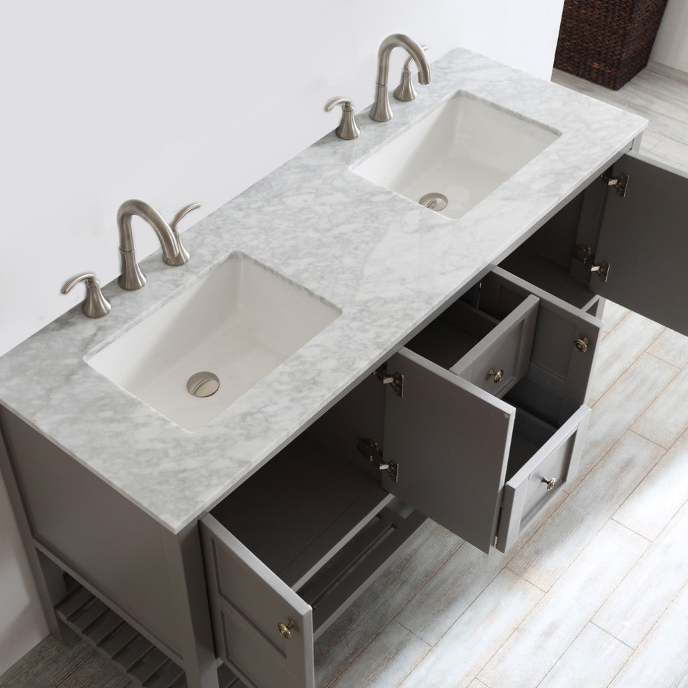 60" Double Vanity in Grey with Carrara White Marble Countertop Without Mirror