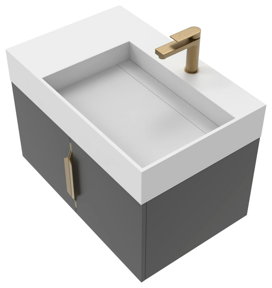 CastelloUSA Amazon 30" Right Wall Mounted Bathroom Vanity Set, Black, White Top, Gold