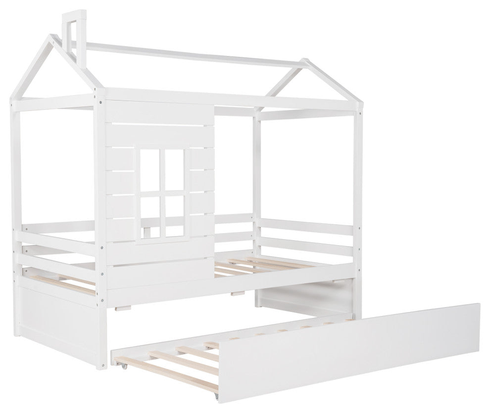 Gewnee Wood Twin House Bed with Twin Size Trundle in White