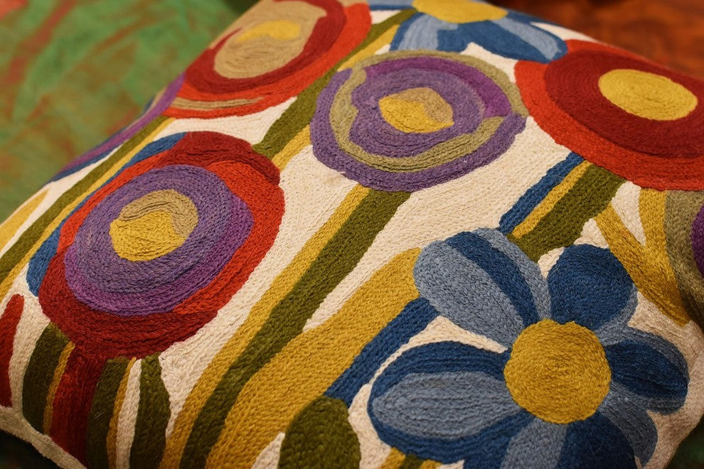 Floral Poppy Bloom Red Blue Decorative Pillow Cover Handembroidered Wool 18x18"